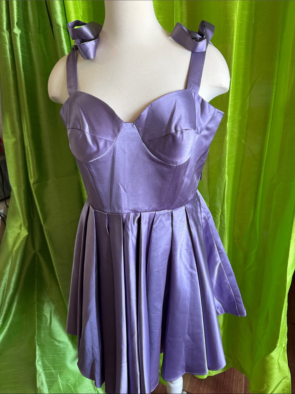 Lavender Satin Fit-and-Flare Dress with Bow Straps